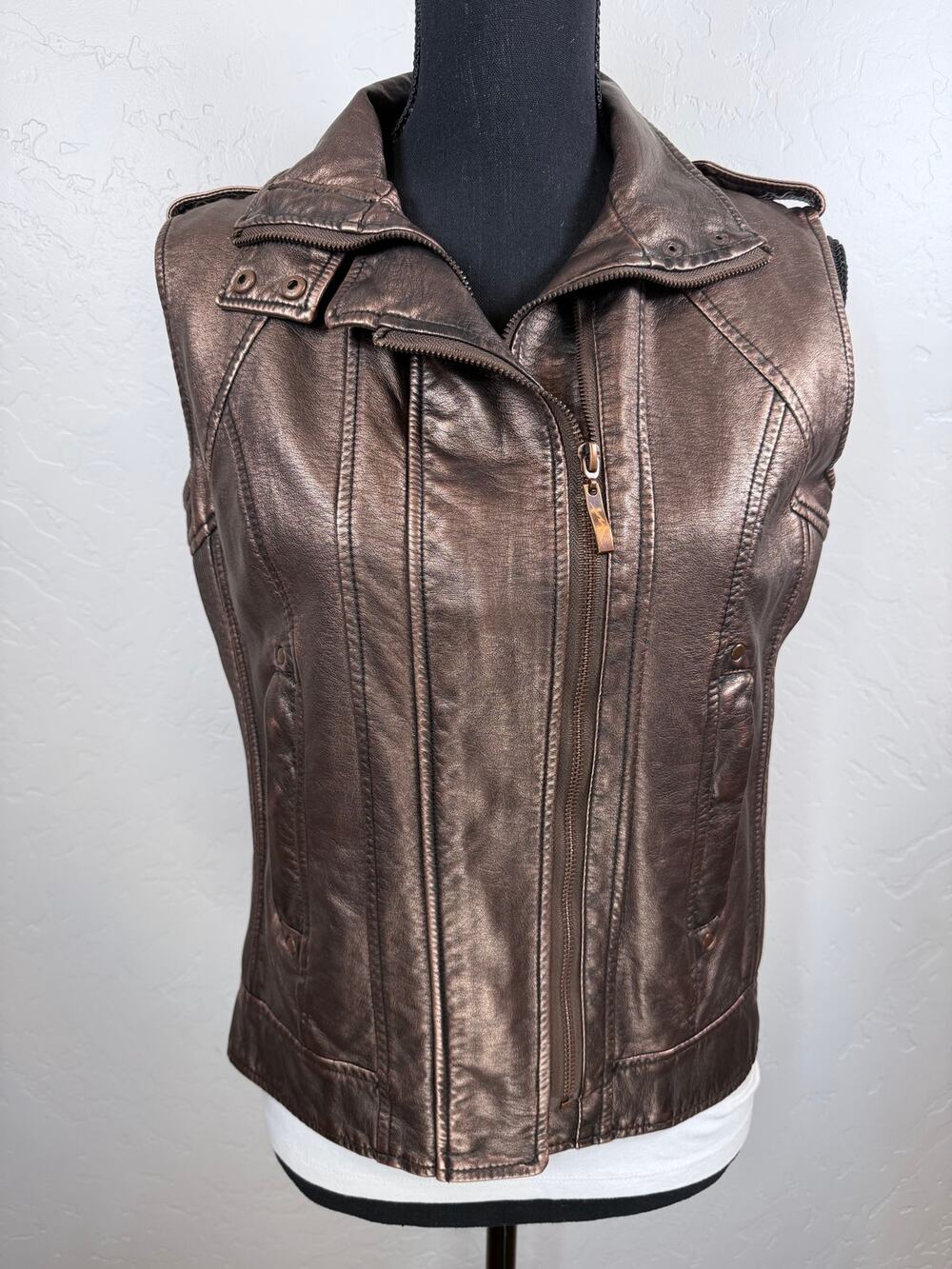 Montana Co Bronze Metallic Faux Leather Moto Vest Biker Zip women’s small